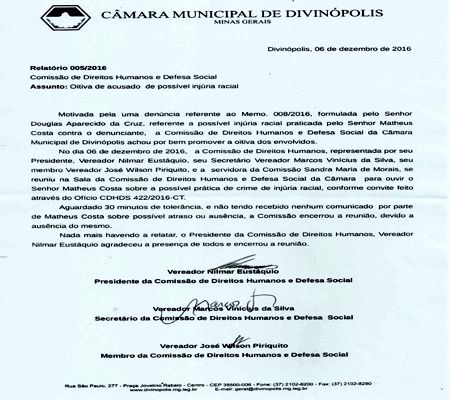 CDH da Câmara de Divinópolis arquiva denúncia de injuria racial contra Matheus Costa, que não compareceu à convocação